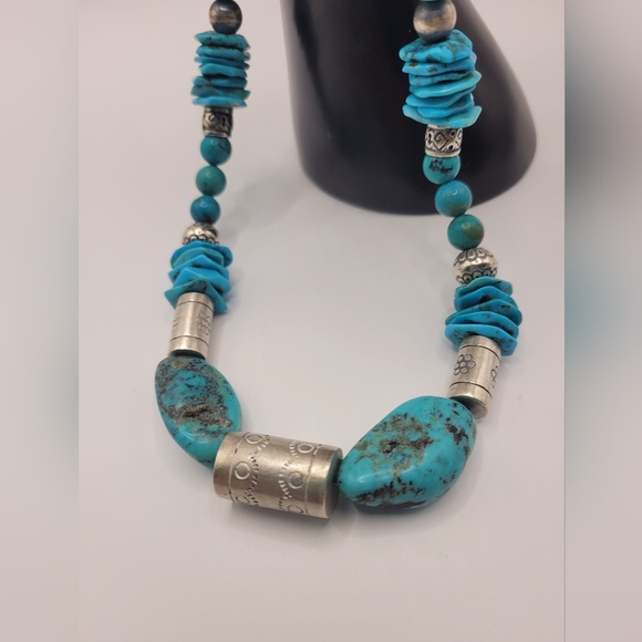 Genuine Turquoise and Silver Beaded Necklace Adjustable Length. OS - Picture 3 of 6